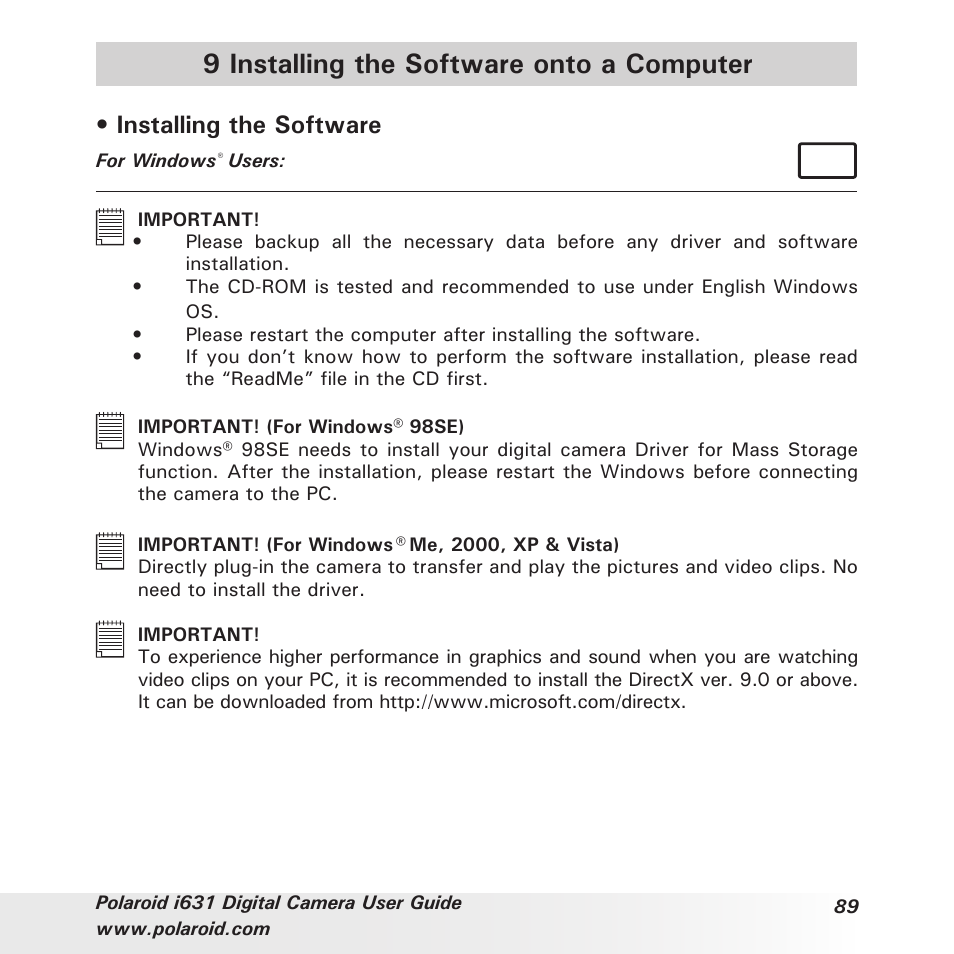 9 installing the software onto a computer, Installing the software | Polaroid I631 User Manual | Page 89 / 113