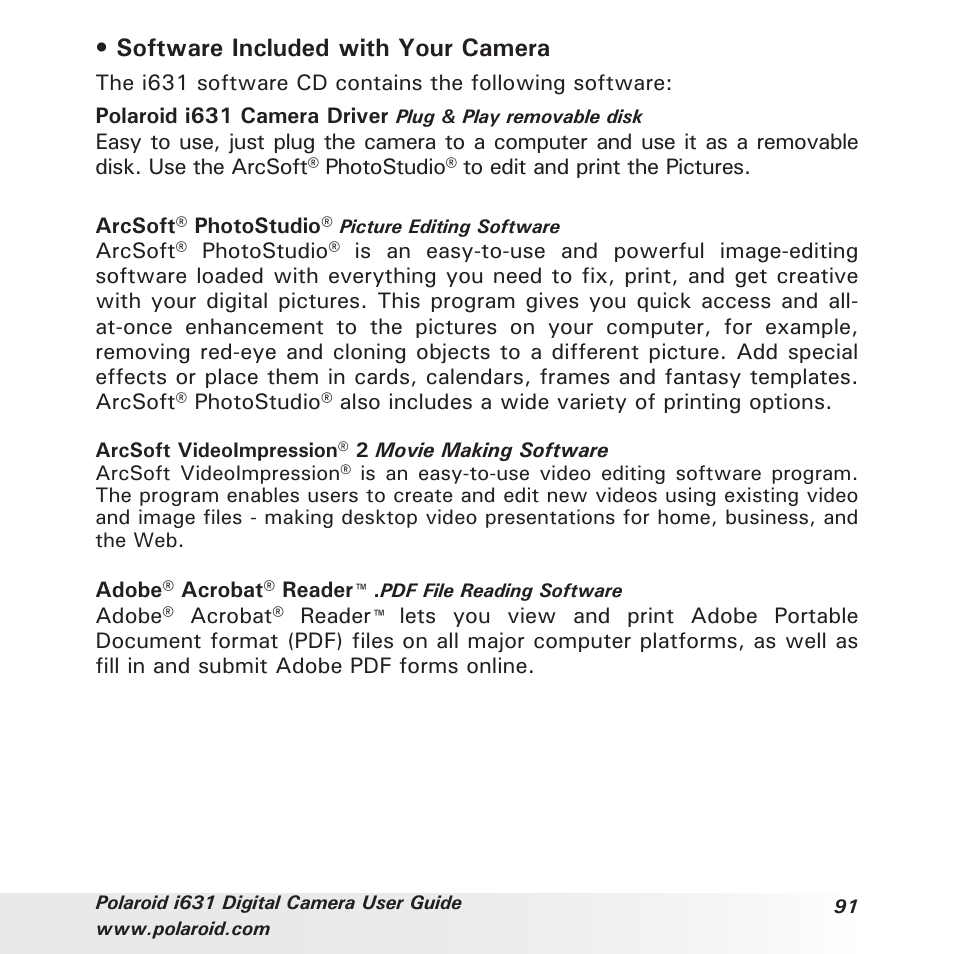 Software included with your camera | Polaroid I631 User Manual | Page 91 / 113