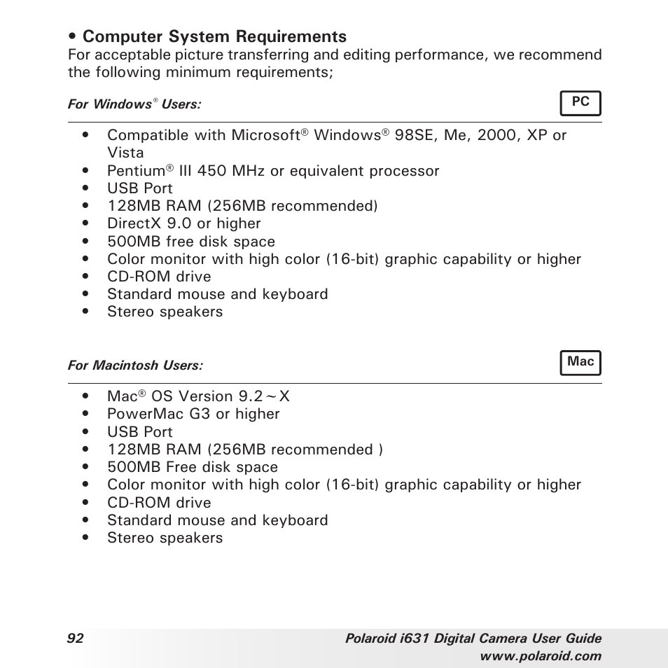 Computer system requirements | Polaroid I631 User Manual | Page 92 / 113