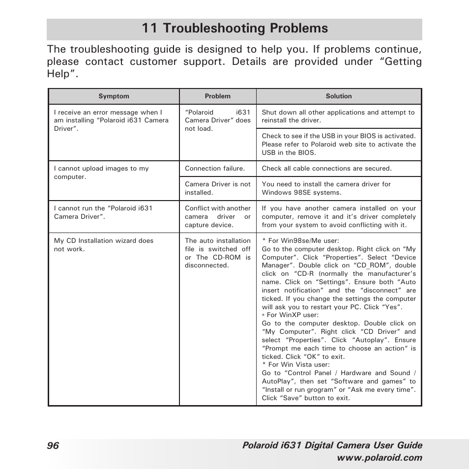 11 troubleshooting problems | Polaroid I631 User Manual | Page 96 / 113