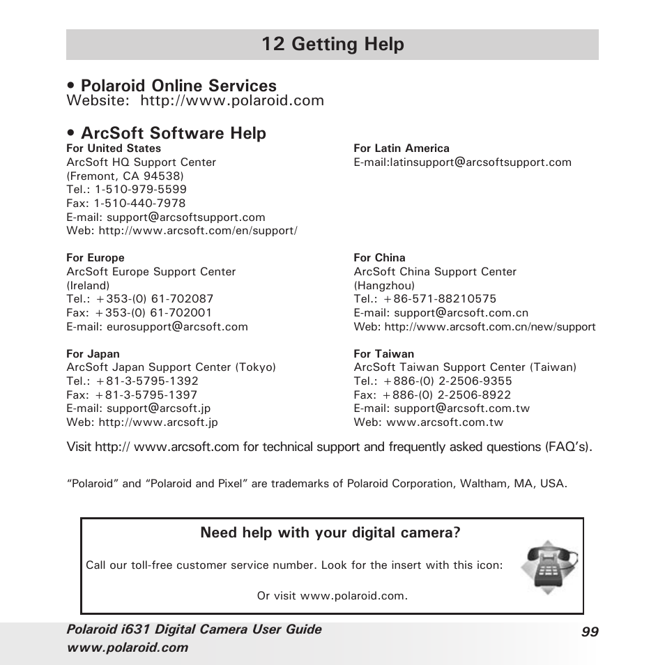 12 getting help, Polaroid online services, Arcsoft software help | Need help with your digital camera | Polaroid I631 User Manual | Page 99 / 113