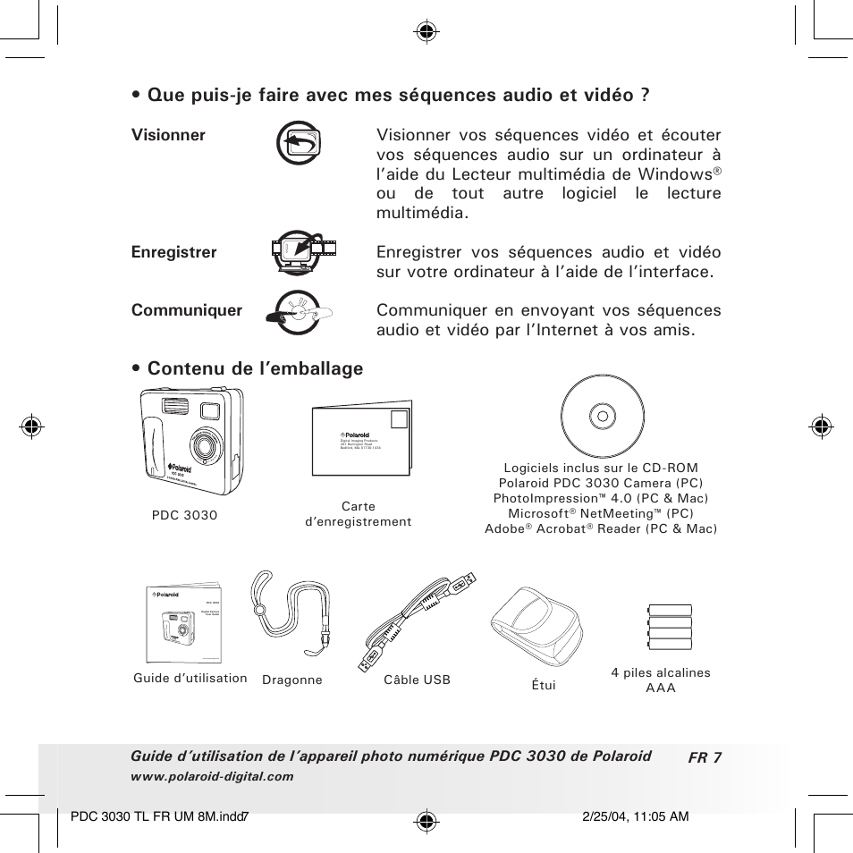 Contenu de l’emballage | Polaroid PDC 3030 User Manual | Page 103 / 145