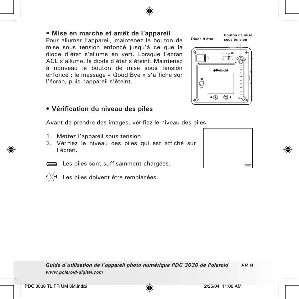 Mise en marche et arrêt de l’appareil, Vérification du niveau des piles | Polaroid PDC 3030 User Manual | Page 105 / 145