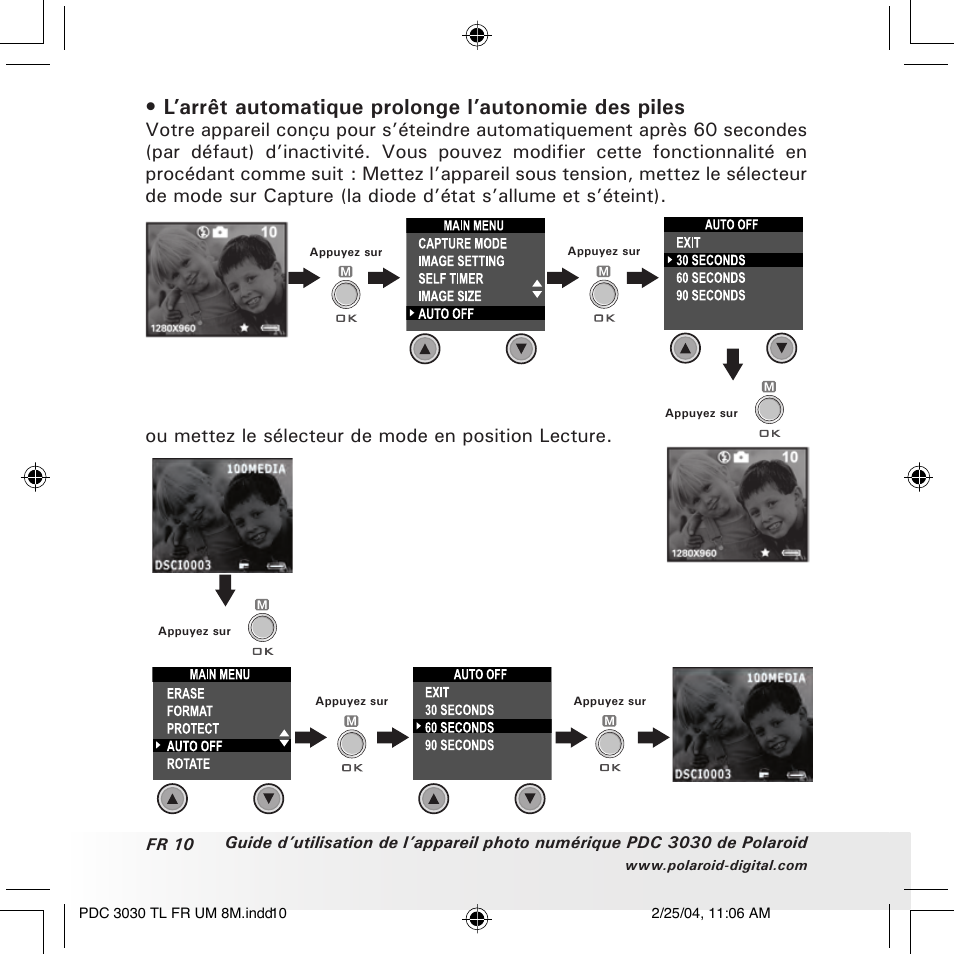 L’arrêt automatique prolonge l’autonomie des piles, Ou mettez le sélecteur de mode en position lecture | Polaroid PDC 3030 User Manual | Page 106 / 145