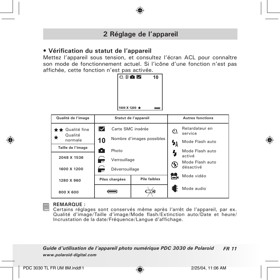 2 réglage de l’appareil, Vérification du statut de l’appareil | Polaroid PDC 3030 User Manual | Page 107 / 145