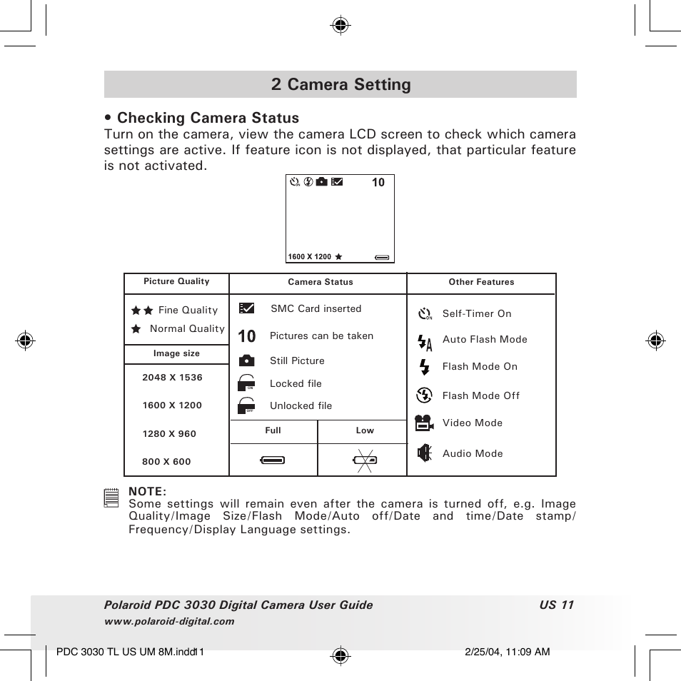 2 camera setting, Checking camera status | Polaroid PDC 3030 User Manual | Page 11 / 145