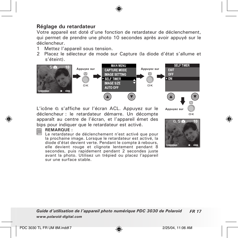 Réglage du retardateur | Polaroid PDC 3030 User Manual | Page 113 / 145