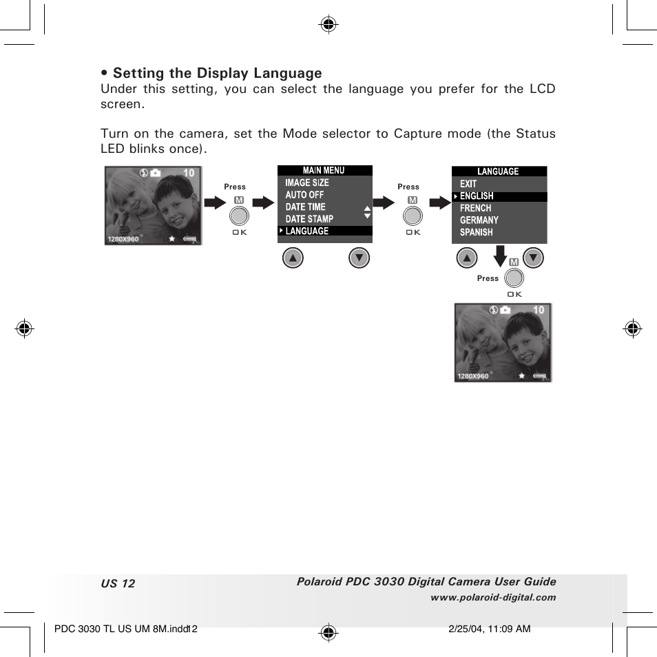 Setting the display language | Polaroid PDC 3030 User Manual | Page 12 / 145