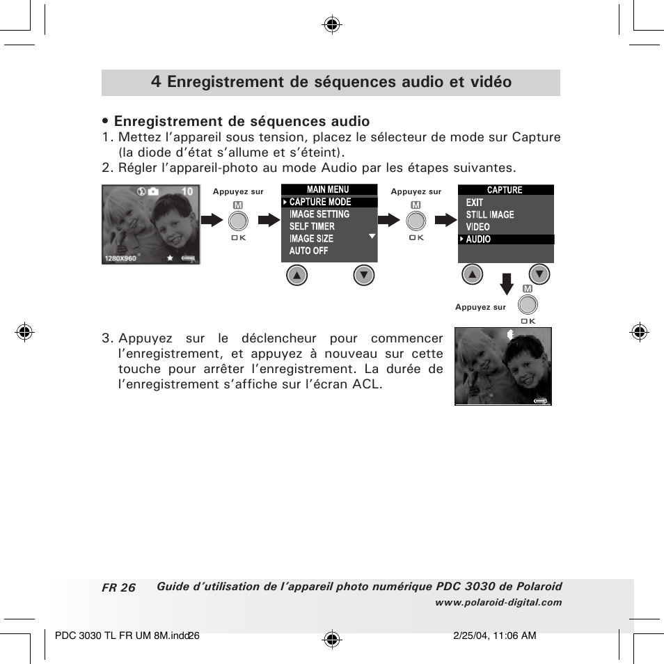 4 enregistrement de séquences audio et vidéo, Enregistrement de séquences audio | Polaroid PDC 3030 User Manual | Page 122 / 145
