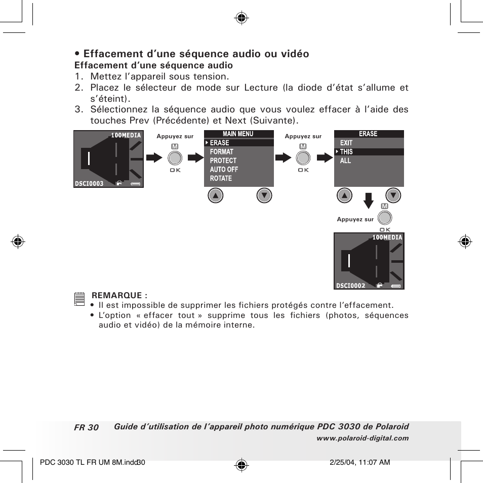 Effacement d’une séquence audio ou vidéo | Polaroid PDC 3030 User Manual | Page 126 / 145