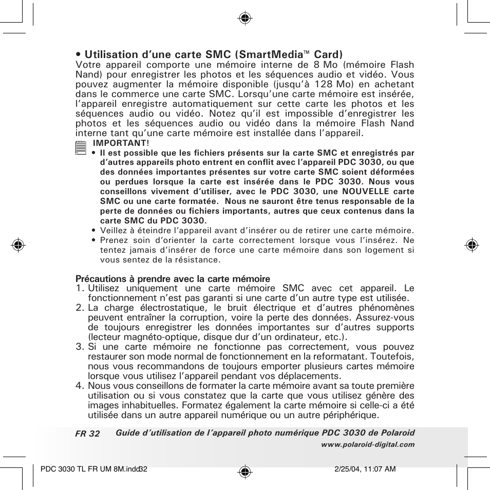 Utilisation d’une carte smc (smartmedia™ card) | Polaroid PDC 3030 User Manual | Page 128 / 145