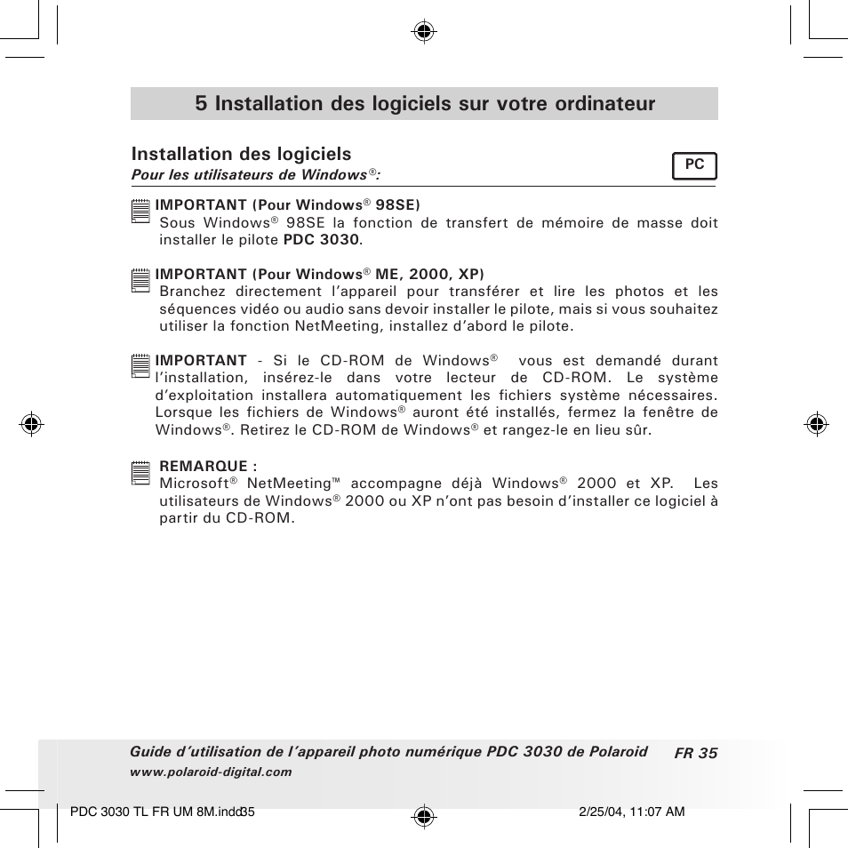 5 installation des logiciels sur votre ordinateur, Installation des logiciels | Polaroid PDC 3030 User Manual | Page 131 / 145