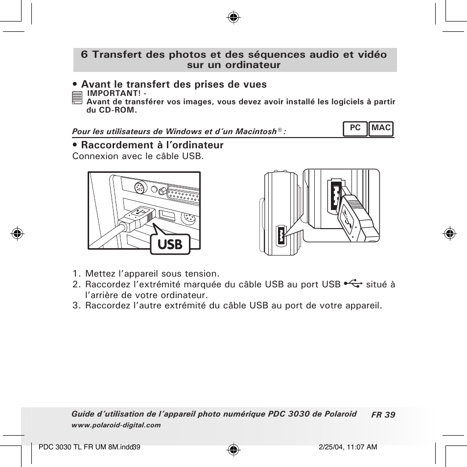 Raccordement à l’ordinateur | Polaroid PDC 3030 User Manual | Page 135 / 145