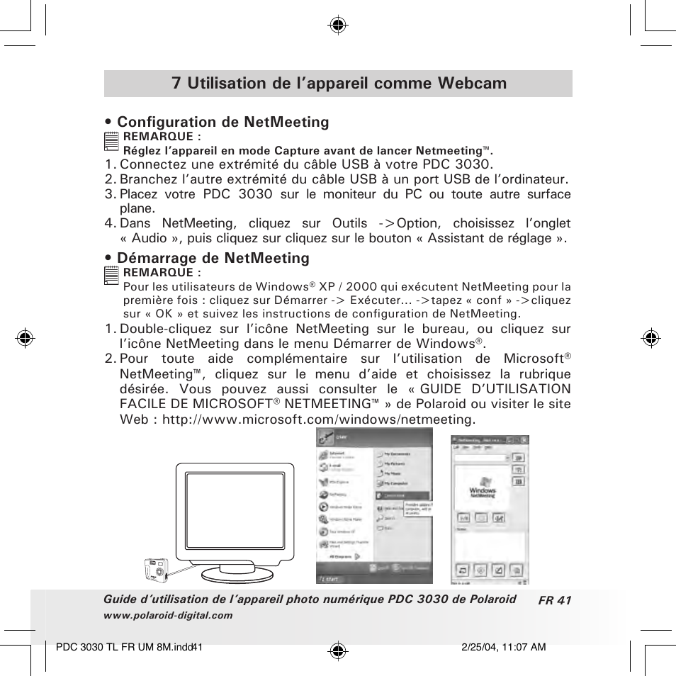 7 utilisation de l’appareil comme webcam, Configuration de netmeeting, Démarrage de netmeeting | Polaroid PDC 3030 User Manual | Page 137 / 145