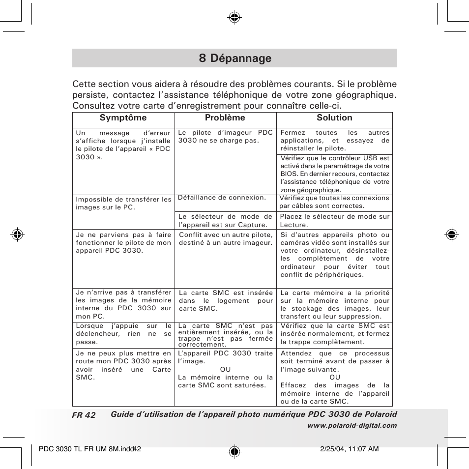 8 dépannage, Symptôme problème solution | Polaroid PDC 3030 User Manual | Page 138 / 145