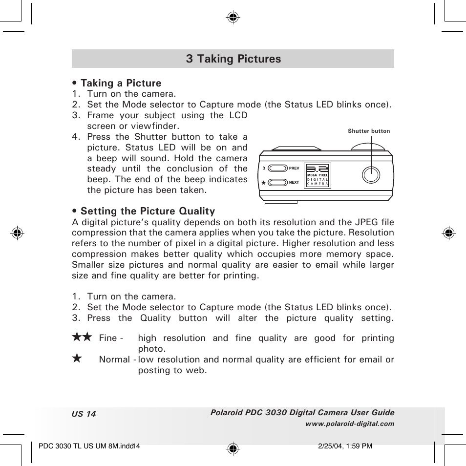 3 taking pictures | Polaroid PDC 3030 User Manual | Page 14 / 145