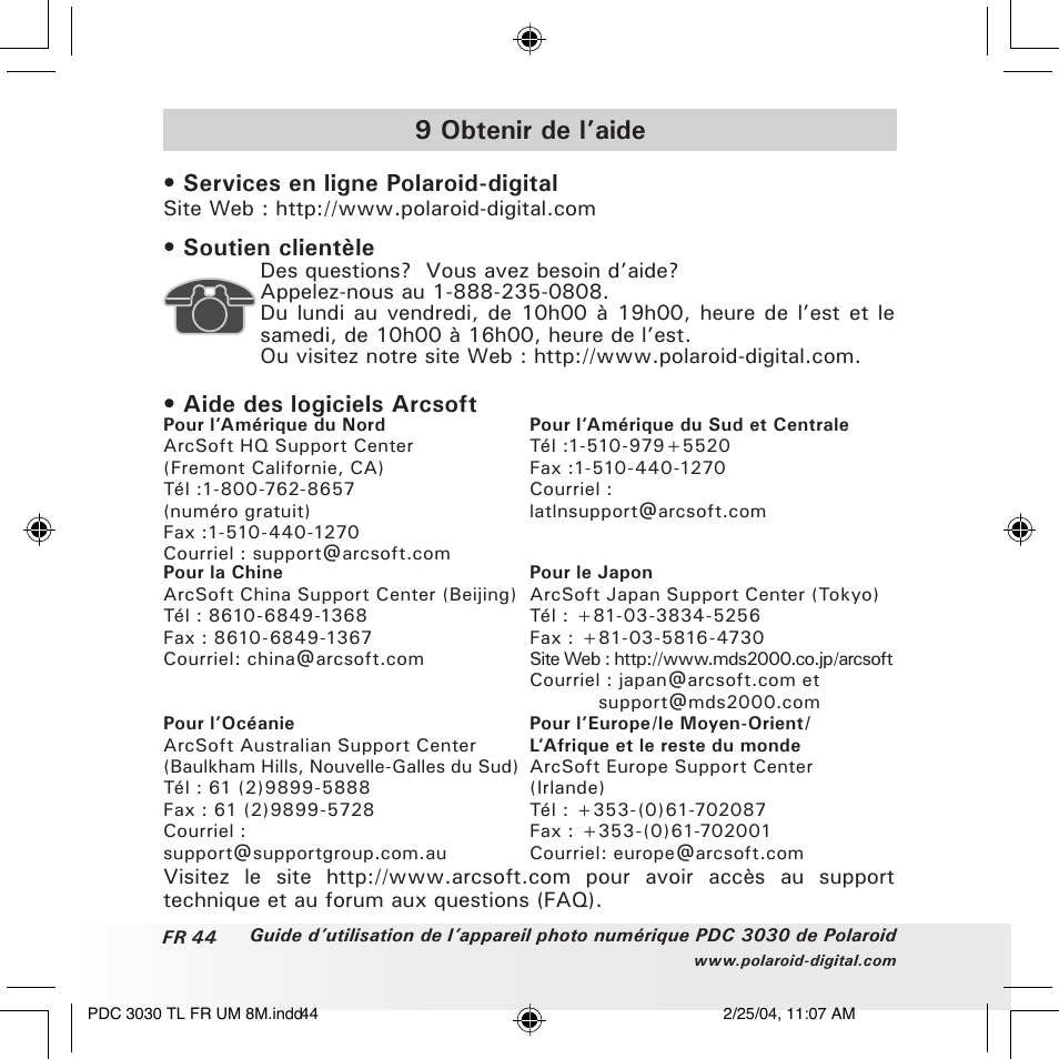 9 obtenir de l’aide, Services en ligne polaroid-digital, Soutien clientèle | Aide des logiciels arcsoft | Polaroid PDC 3030 User Manual | Page 140 / 145