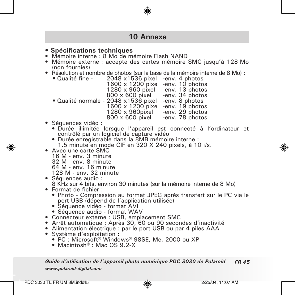10 annexe | Polaroid PDC 3030 User Manual | Page 141 / 145