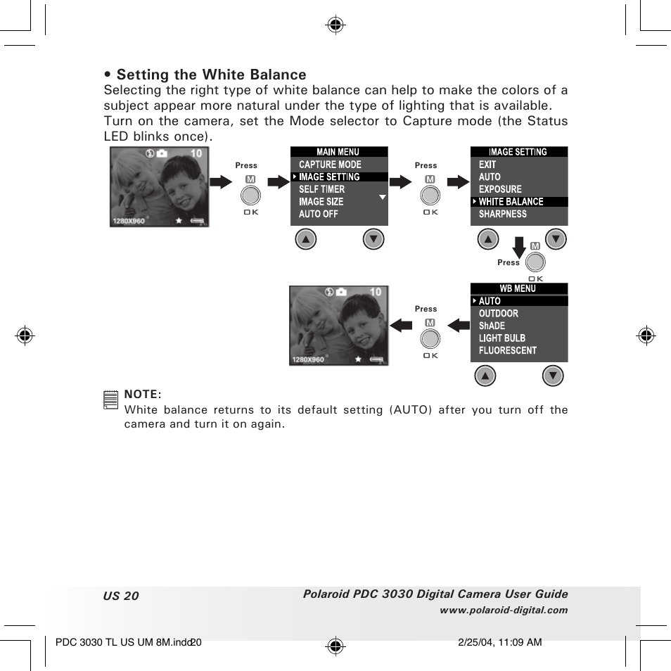 Setting the white balance | Polaroid PDC 3030 User Manual | Page 20 / 145