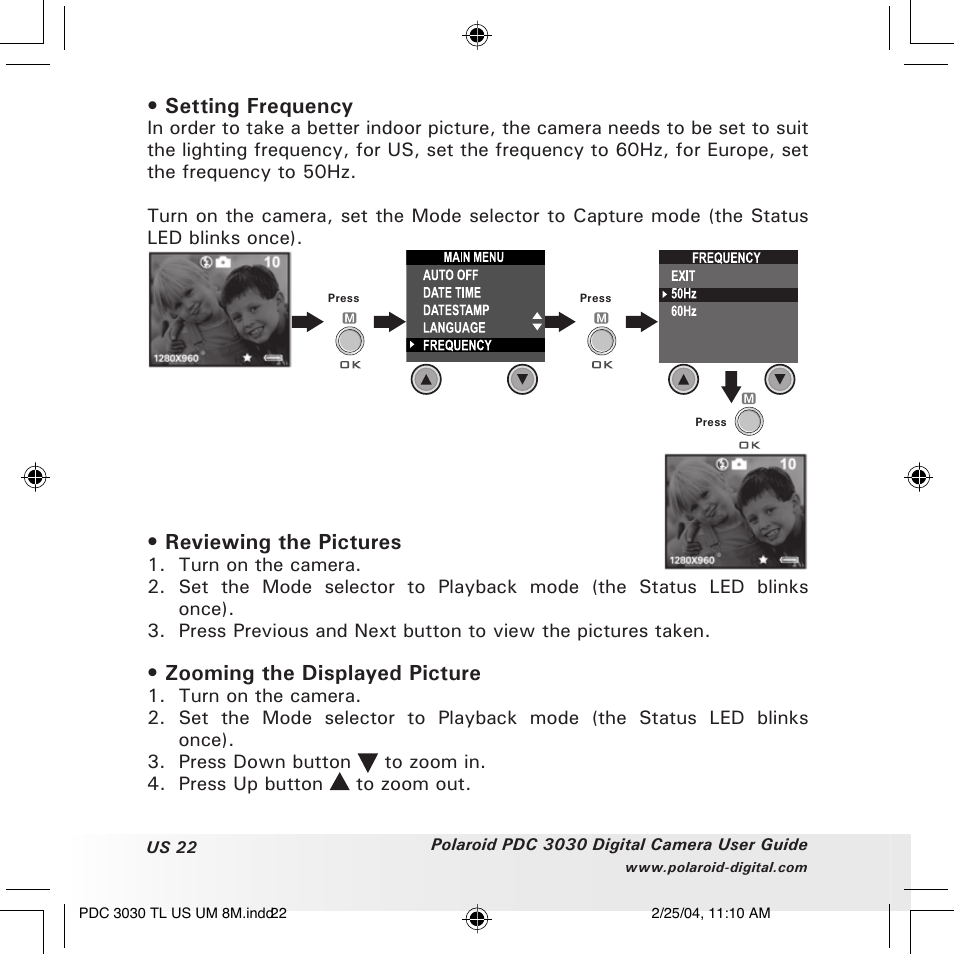 Setting frequency, Reviewing the pictures, Zooming the displayed picture | Polaroid PDC 3030 User Manual | Page 22 / 145