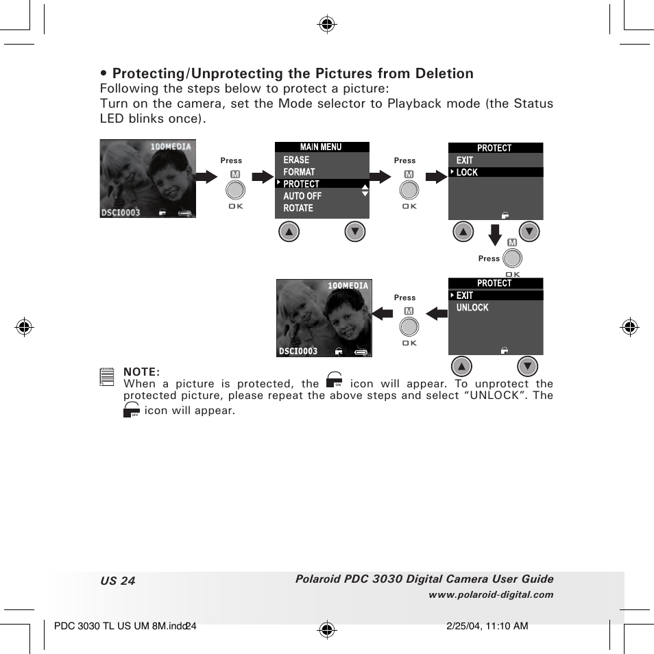 Protecting/unprotecting the pictures from deletion | Polaroid PDC 3030 User Manual | Page 24 / 145