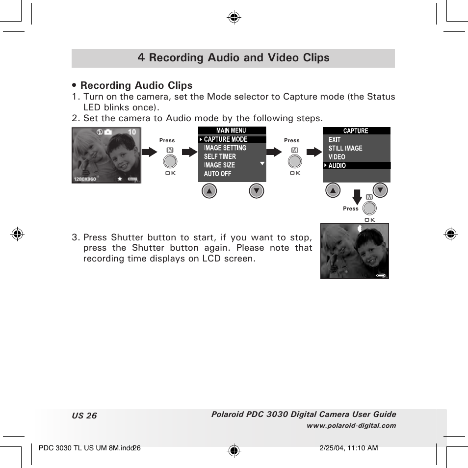 4 recording audio and video clips, Recording audio clips | Polaroid PDC 3030 User Manual | Page 26 / 145