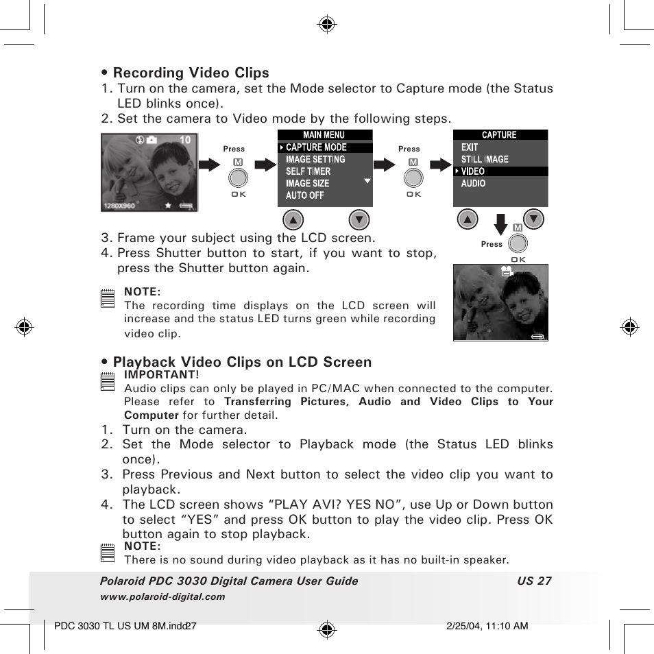 Recording video clips, Playback video clips on lcd screen | Polaroid PDC 3030 User Manual | Page 27 / 145