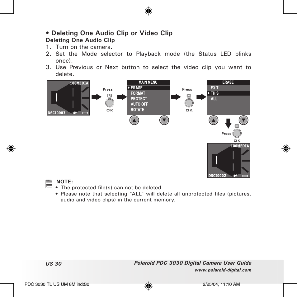 Deleting one audio clip or video clip | Polaroid PDC 3030 User Manual | Page 30 / 145