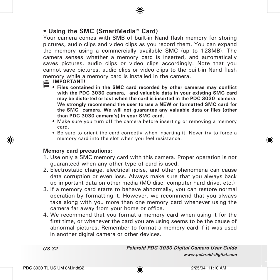 Using the smc (smartmedia™ card) | Polaroid PDC 3030 User Manual | Page 32 / 145