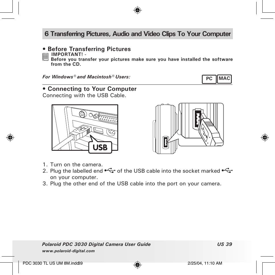 Before transferring pictures, Connecting to your computer | Polaroid PDC 3030 User Manual | Page 39 / 145
