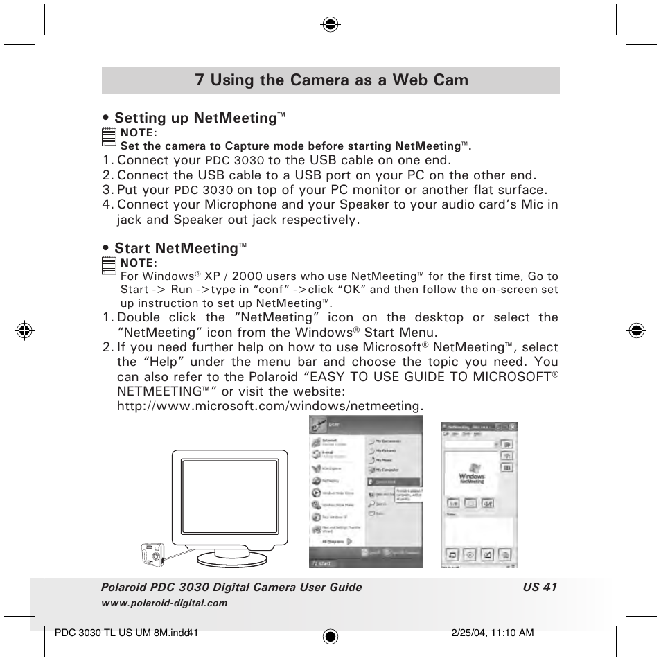 7 using the camera as a web cam, Setting up netmeeting, Start netmeeting | Polaroid PDC 3030 User Manual | Page 41 / 145