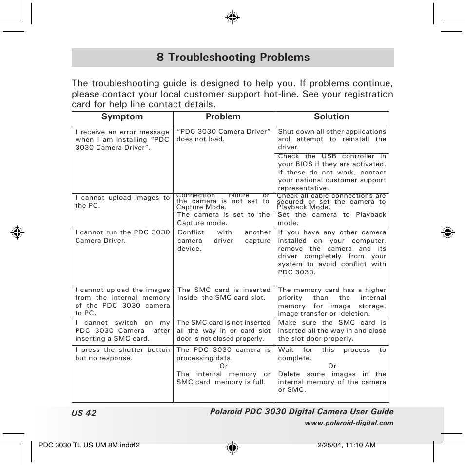 8 troubleshooting problems, Symptom problem solution | Polaroid PDC 3030 User Manual | Page 42 / 145