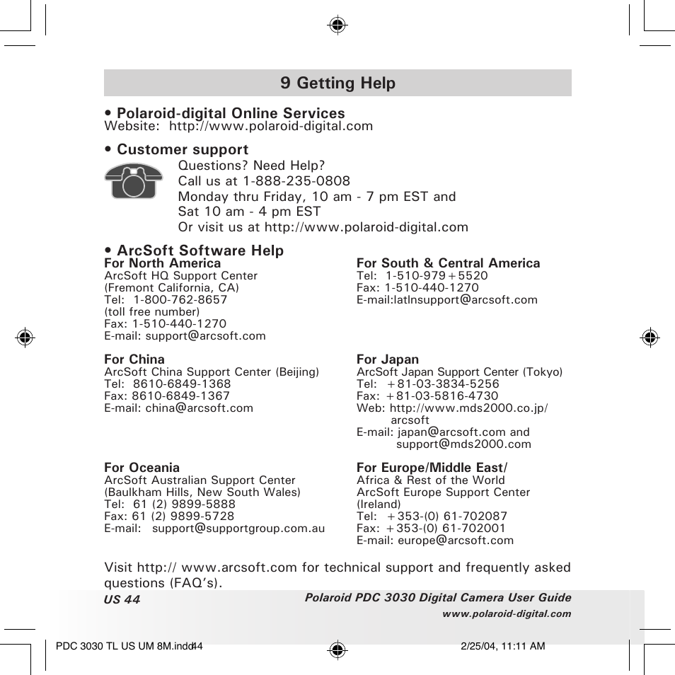 9 getting help, Polaroid-digital online services, Customer support | Arcsoft software help | Polaroid PDC 3030 User Manual | Page 44 / 145