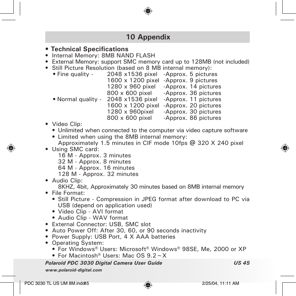 10 appendix | Polaroid PDC 3030 User Manual | Page 45 / 145