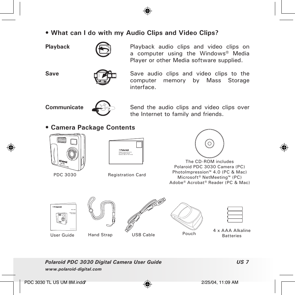 What can i do with my audio clips and video clips, Camera package contents | Polaroid PDC 3030 User Manual | Page 7 / 145