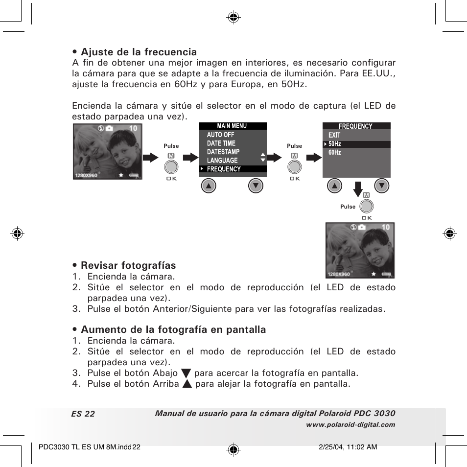 Ajuste de la frecuencia, Revisar fotografías, Aumento de la fotografía en pantalla | Polaroid PDC 3030 User Manual | Page 70 / 145