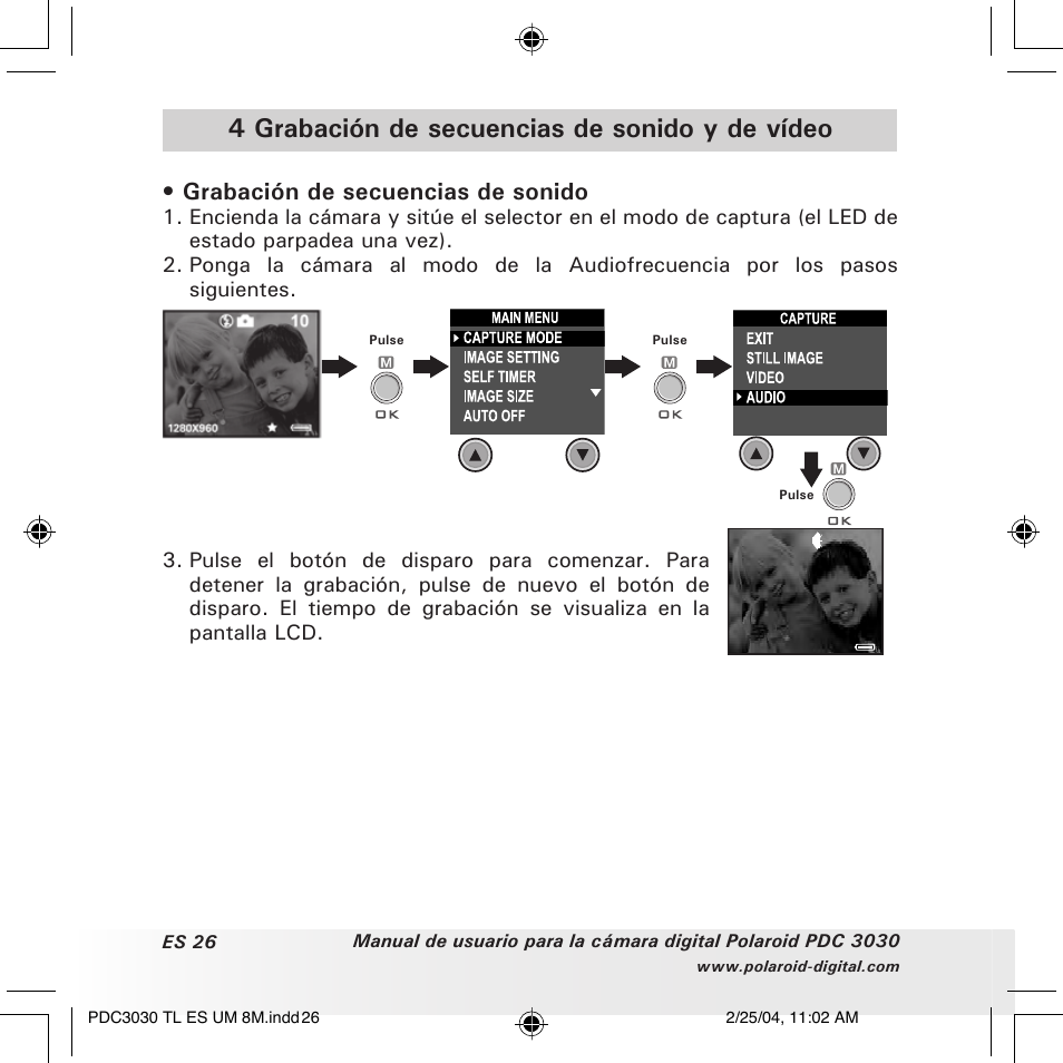 4 grabación de secuencias de sonido y de vídeo, Grabación de secuencias de sonido | Polaroid PDC 3030 User Manual | Page 74 / 145