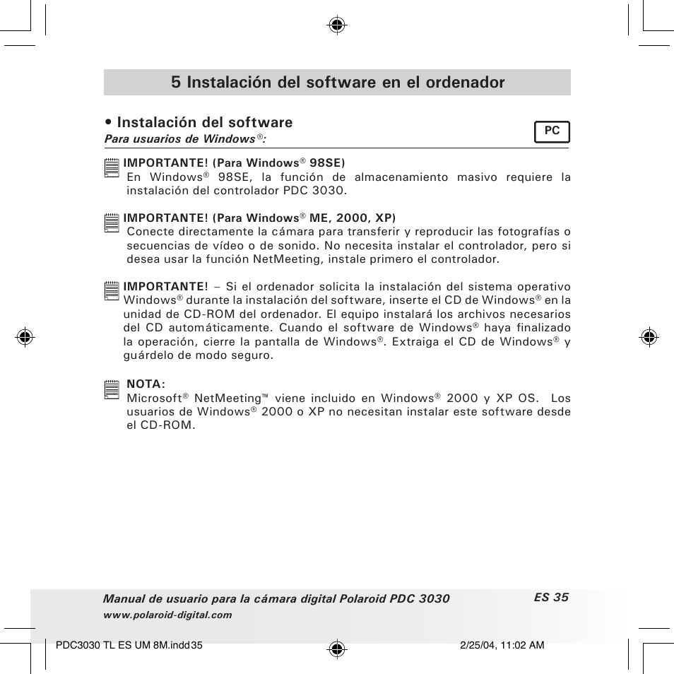 5 instalación del software en el ordenador, Instalación del software | Polaroid PDC 3030 User Manual | Page 83 / 145
