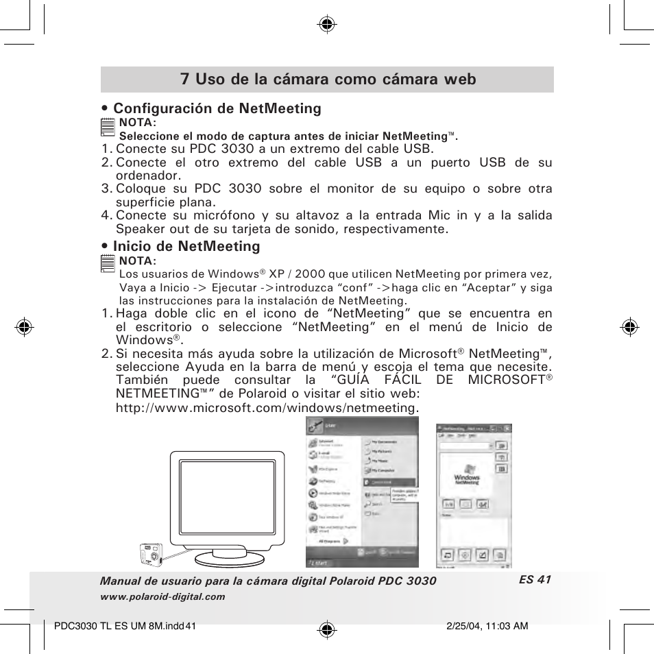 7 uso de la cámara como cámara web, Configuración de netmeeting, Inicio de netmeeting | Polaroid PDC 3030 User Manual | Page 89 / 145