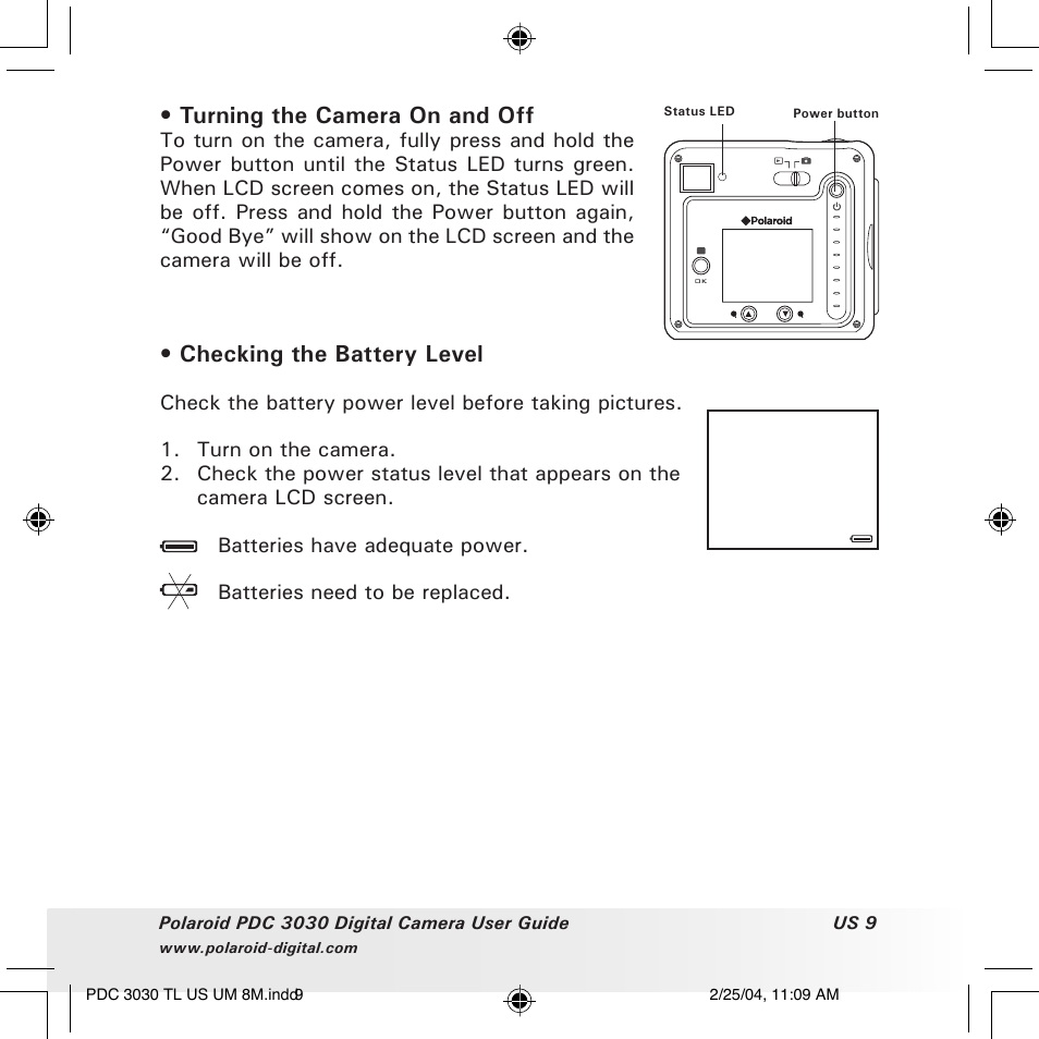 Turning the camera on and off, Checking the battery level | Polaroid PDC 3030 User Manual | Page 9 / 145