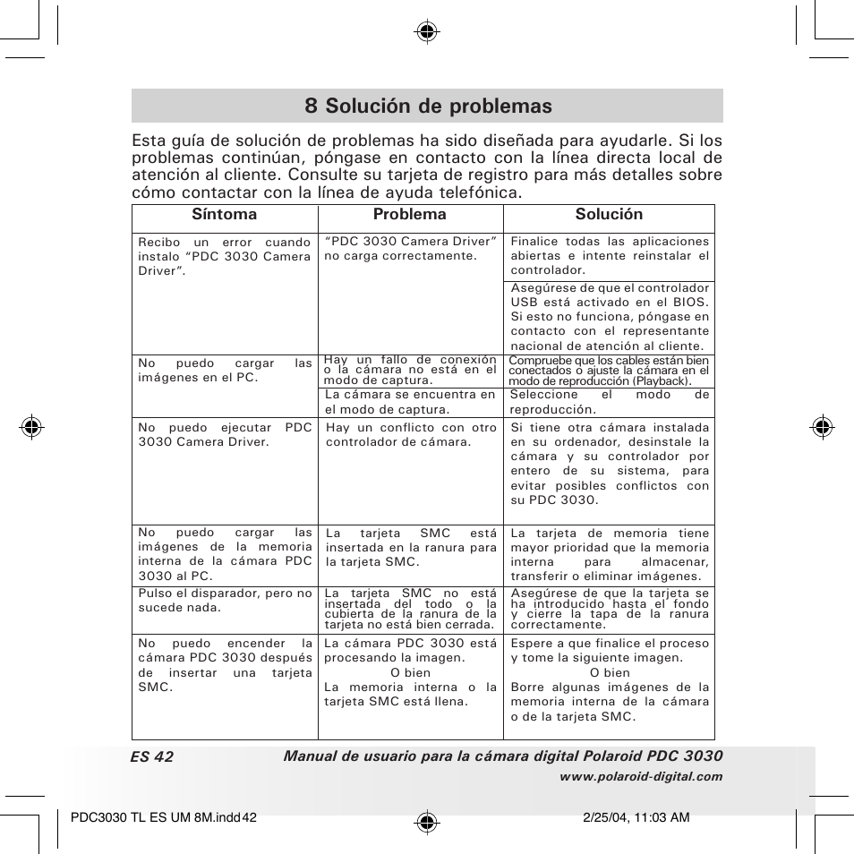 8 solución de problemas, Síntoma problema solución | Polaroid PDC 3030 User Manual | Page 90 / 145