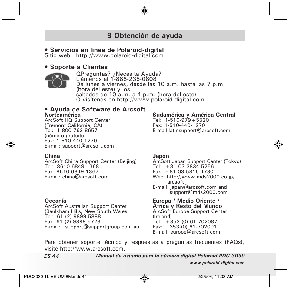 9 obtención de ayuda, Servicios en línea de polaroid-digital, Soporte a clientes | Ayuda de software de arcsoft | Polaroid PDC 3030 User Manual | Page 92 / 145