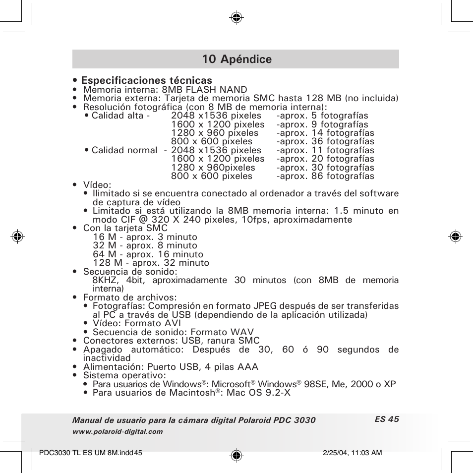 10 apéndice | Polaroid PDC 3030 User Manual | Page 93 / 145