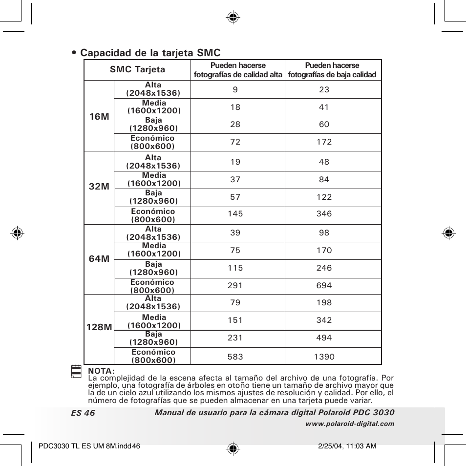 Capacidad de la tarjeta smc | Polaroid PDC 3030 User Manual | Page 94 / 145