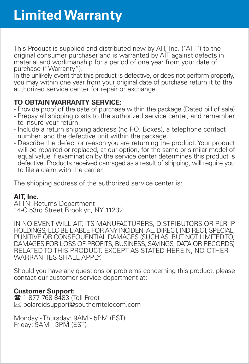 Limited warranty | Polaroid PMP281-8 User Manual | Page 14 / 14