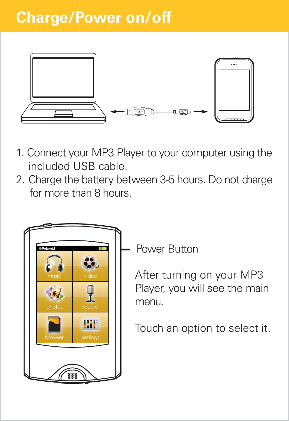 Charge/power on/off | Polaroid PMP281-8 User Manual | Page 6 / 14