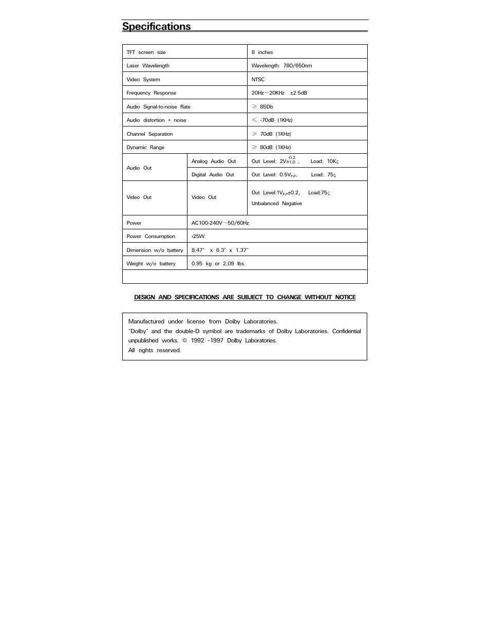 Specifications | Polaroid PDV-0823A User Manual | Page 30 / 31