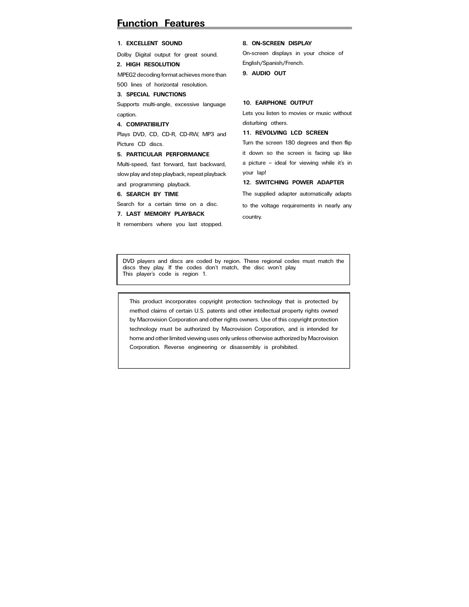 Function features | Polaroid PDV-0823A User Manual | Page 5 / 31