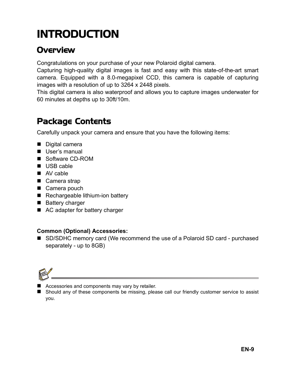 Introduction, Overview, Package contents | Polaroid t833 User Manual | Page 10 / 45