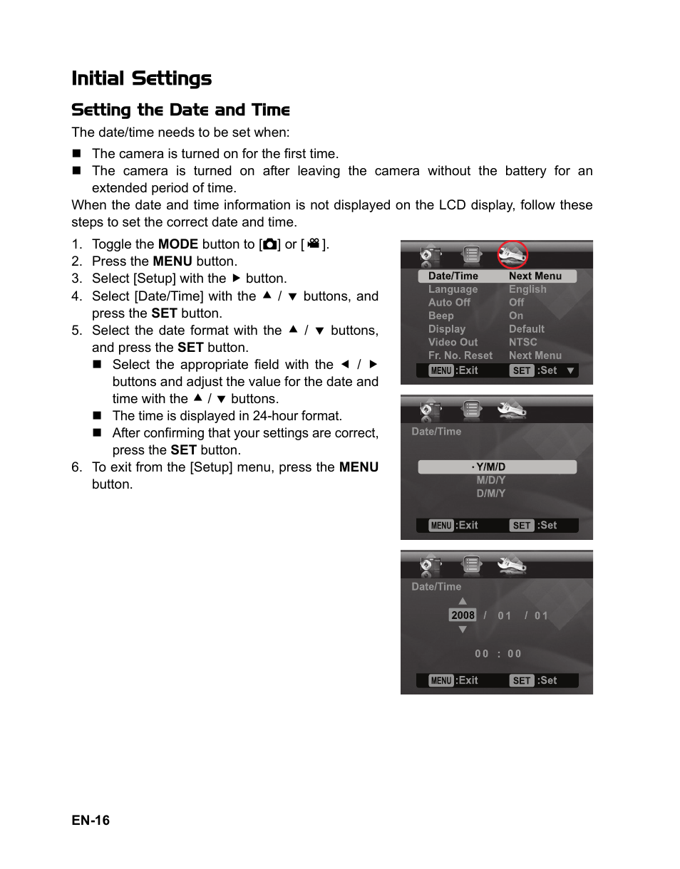 Initial settings, Setting the date and time | Polaroid t833 User Manual | Page 17 / 45